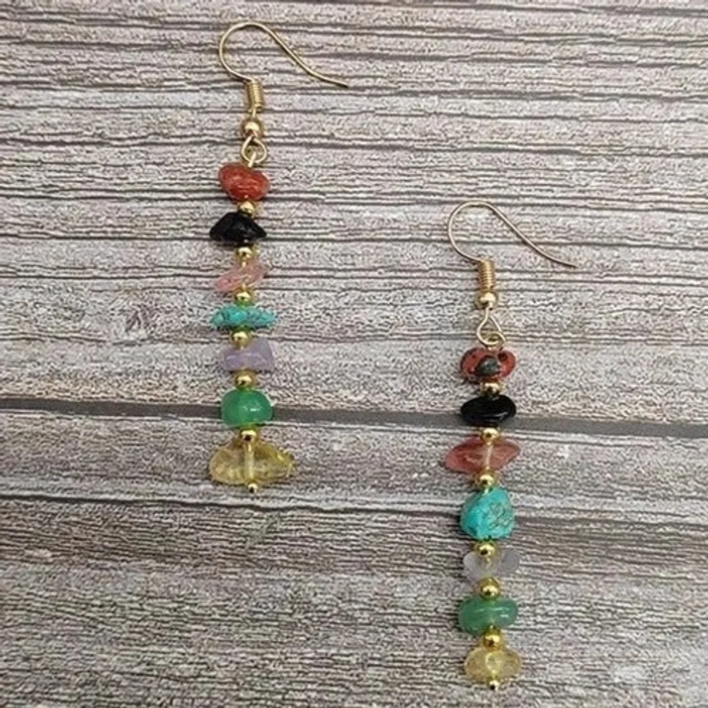 Natural Tone Chip Earrings Colorful Bohemian Dangle Drop Gold Tone Earrings‎